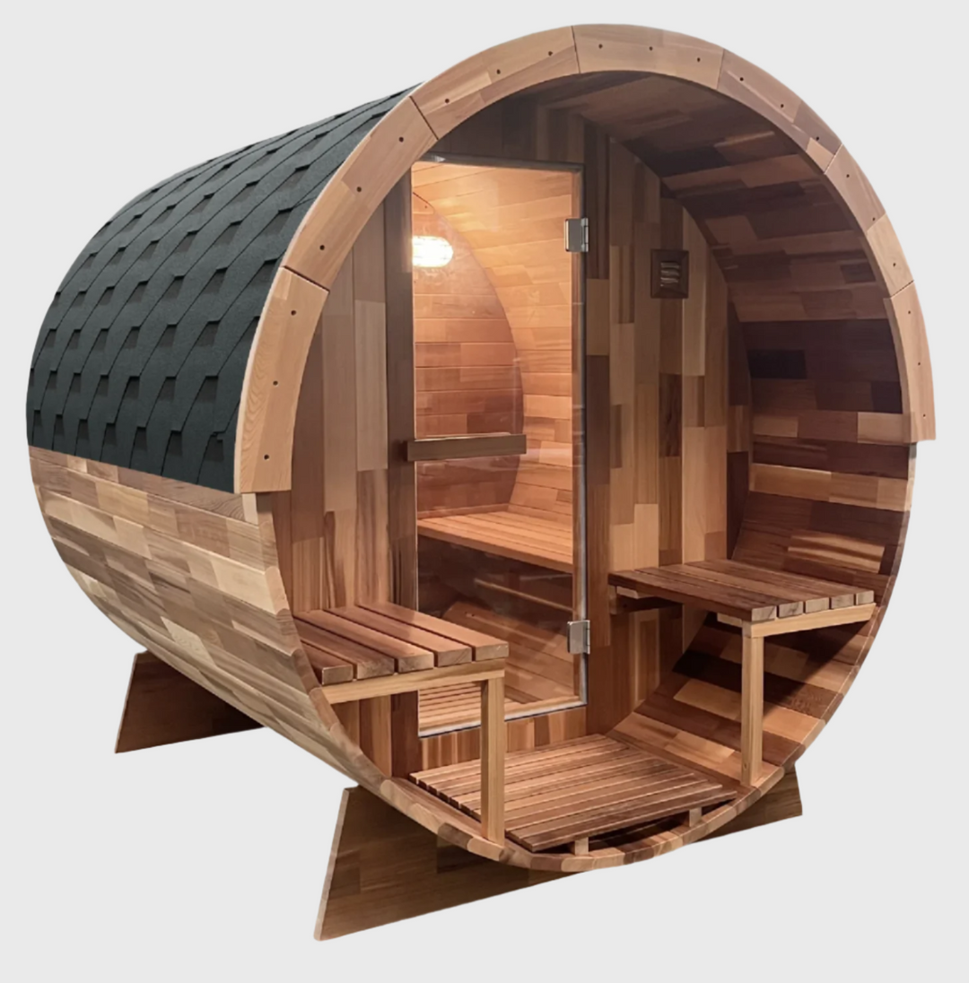 Rejuvenex - Outdoor Cedar Barrel Sauna with Porch