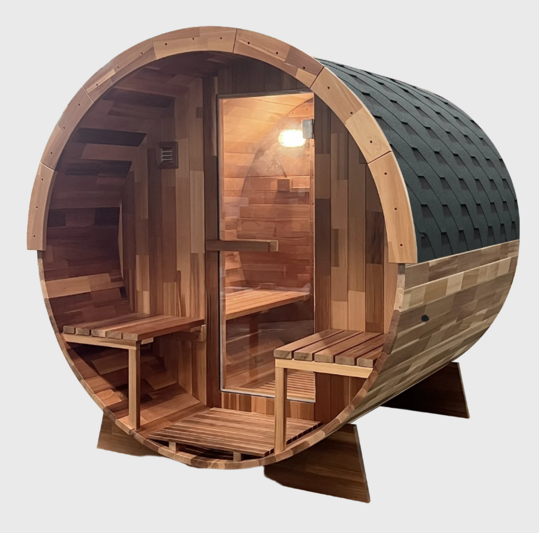 Rejuvenex - Outdoor Cedar Barrel Sauna with Porch